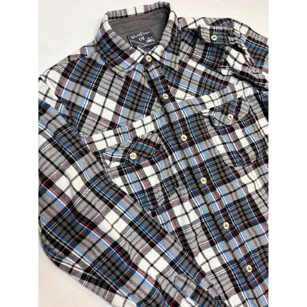 WearFirst Mens Small Plaid Flannel Button Down Shirt Grey White Blue Red Cotton